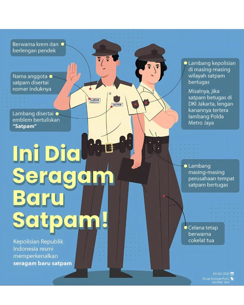Seragam satpam terbaru, berwarna krem dan berlengan pendek. 